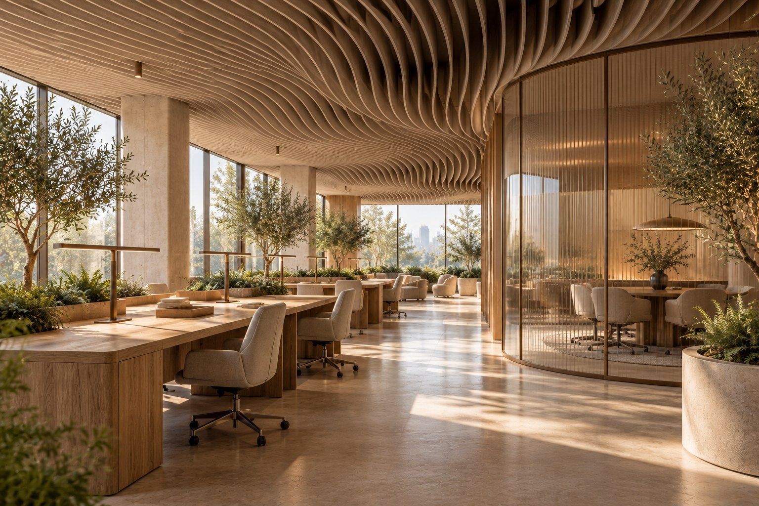 Офис в стиле biophilic design с растениями и волнообразным потолком